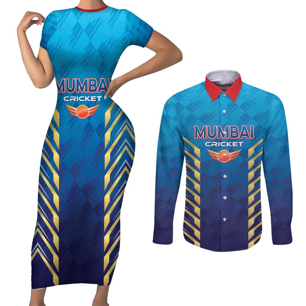Custom Mumbai 2025 Cricket Indians Couples Matching Short Sleeve Bodycon Dress and Long Sleeve Button Shirt Aali Re Play Like Mumbai