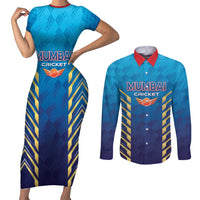 Custom Mumbai 2025 Cricket Indians Couples Matching Short Sleeve Bodycon Dress and Long Sleeve Button Shirt Aali Re Play Like Mumbai