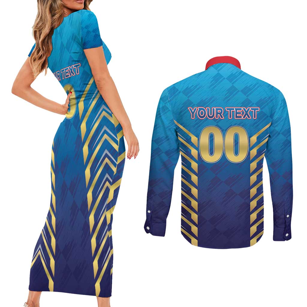 Custom Mumbai 2025 Cricket Indians Couples Matching Short Sleeve Bodycon Dress and Long Sleeve Button Shirt Aali Re Play Like Mumbai