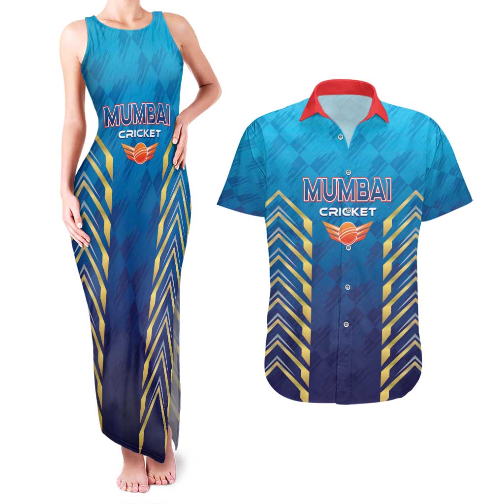 Custom Mumbai 2025 Cricket Indians Couples Matching Tank Maxi Dress and Hawaiian Shirt Aali Re Play Like Mumbai