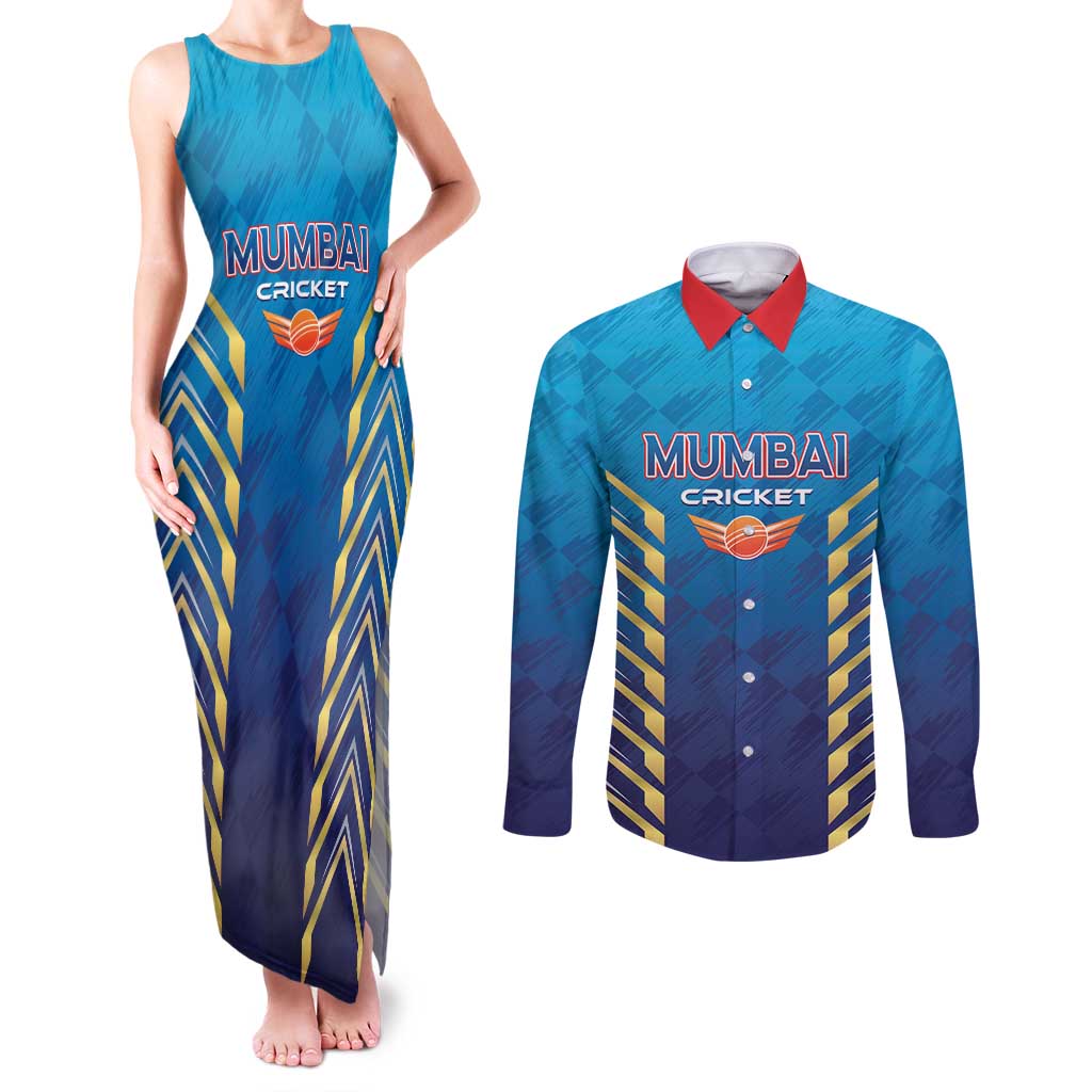 Custom Mumbai 2025 Cricket Indians Couples Matching Tank Maxi Dress and Long Sleeve Button Shirt Aali Re Play Like Mumbai