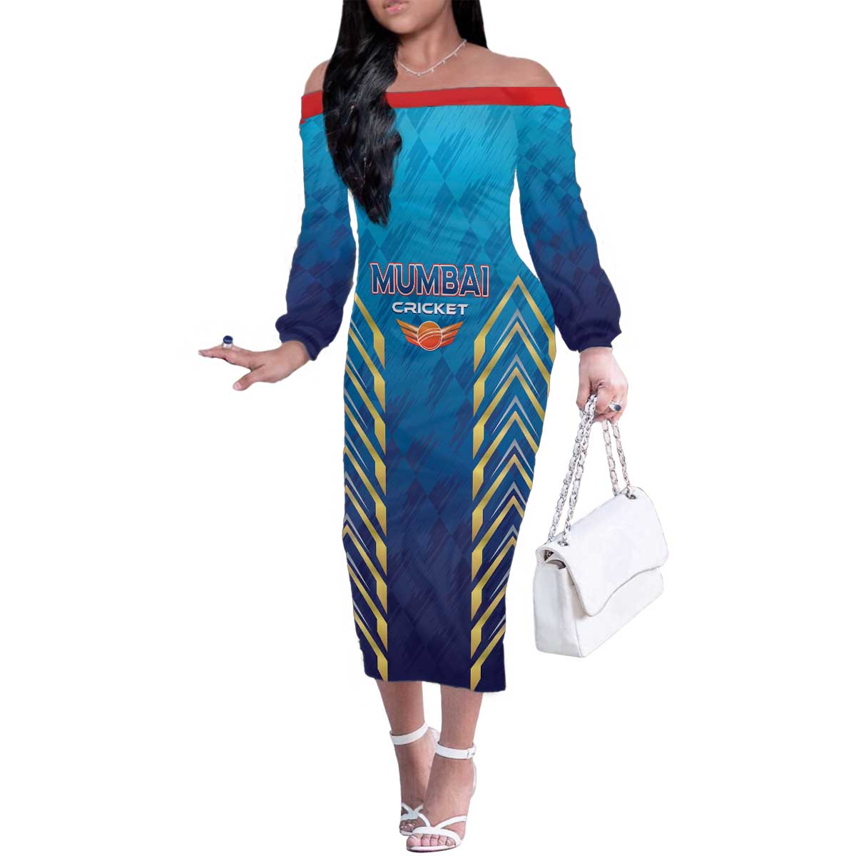 Custom Mumbai 2025 Cricket Indians Family Matching Off The Shoulder Long Sleeve Dress and Hawaiian Shirt Aali Re Play Like Mumbai