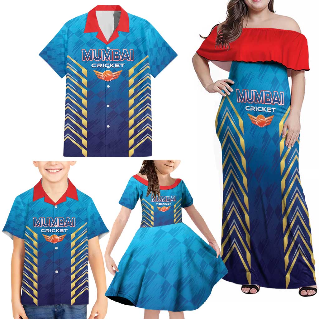 Custom Mumbai 2025 Cricket Indians Family Matching Off Shoulder Maxi Dress and Hawaiian Shirt Aali Re Play Like Mumbai