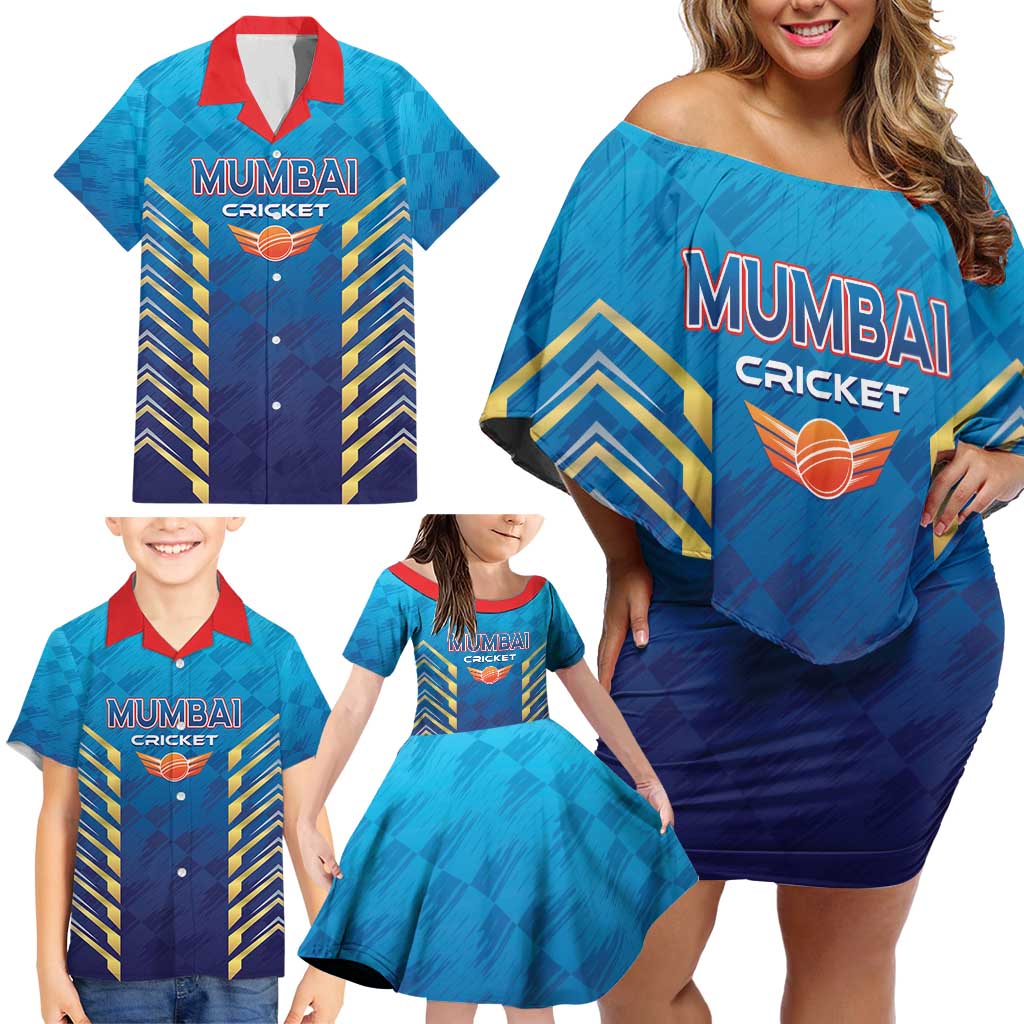 Custom Mumbai 2025 Cricket Indians Family Matching Off Shoulder Short Dress and Hawaiian Shirt Aali Re Play Like Mumbai