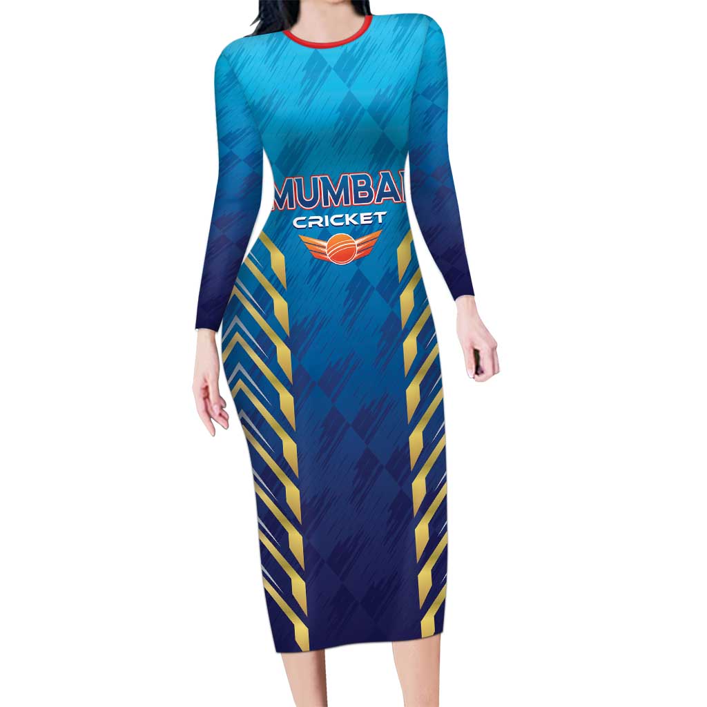 Custom Mumbai 2025 Cricket Indians Long Sleeve Bodycon Dress Aali Re Play Like Mumbai