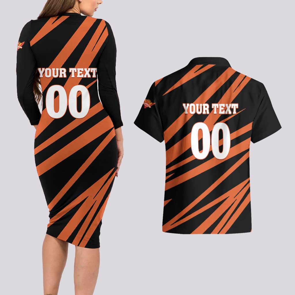 Custom Hyderabad 2025 Cricket Sunrisers Couples Matching Long Sleeve Bodycon Dress and Hawaiian Shirt Orange Army Play With Fire