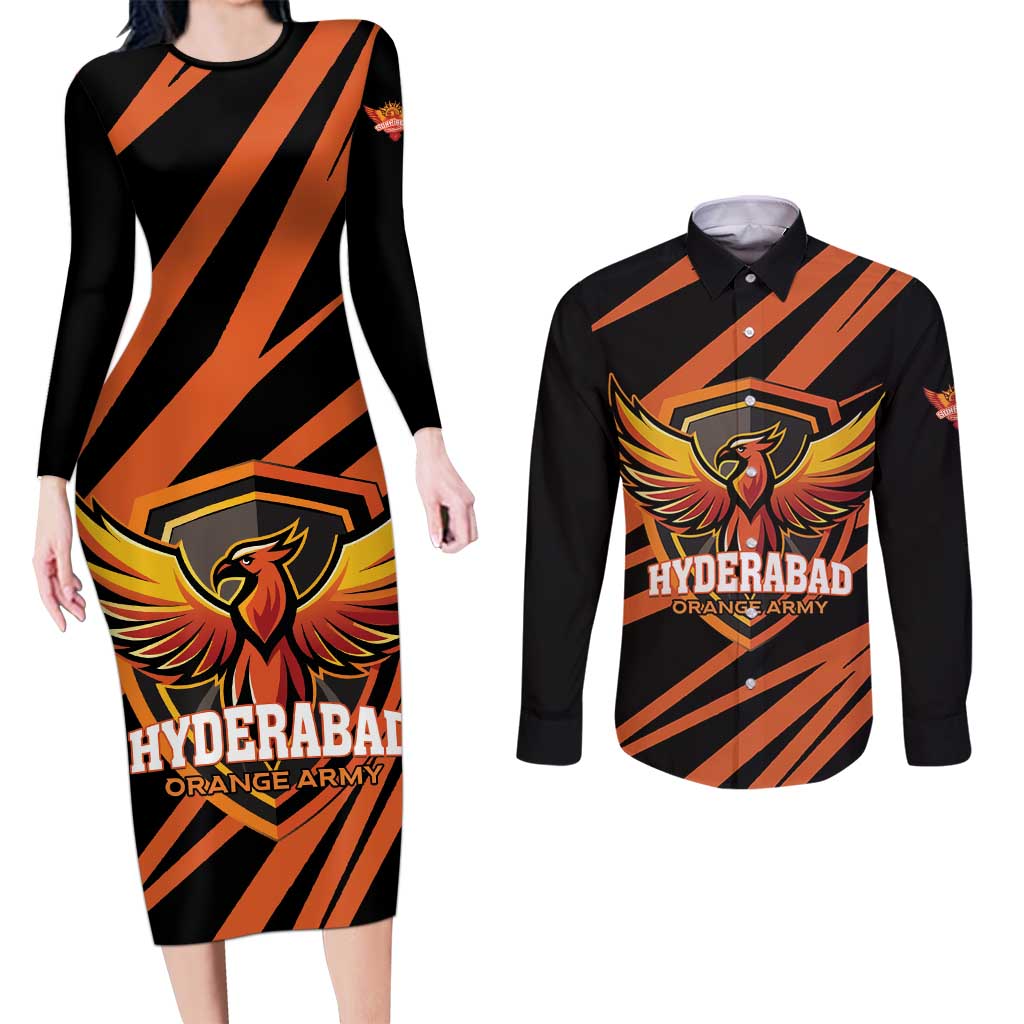 Custom Hyderabad 2025 Cricket Sunrisers Couples Matching Long Sleeve Bodycon Dress and Long Sleeve Button Shirt Orange Army Play With Fire