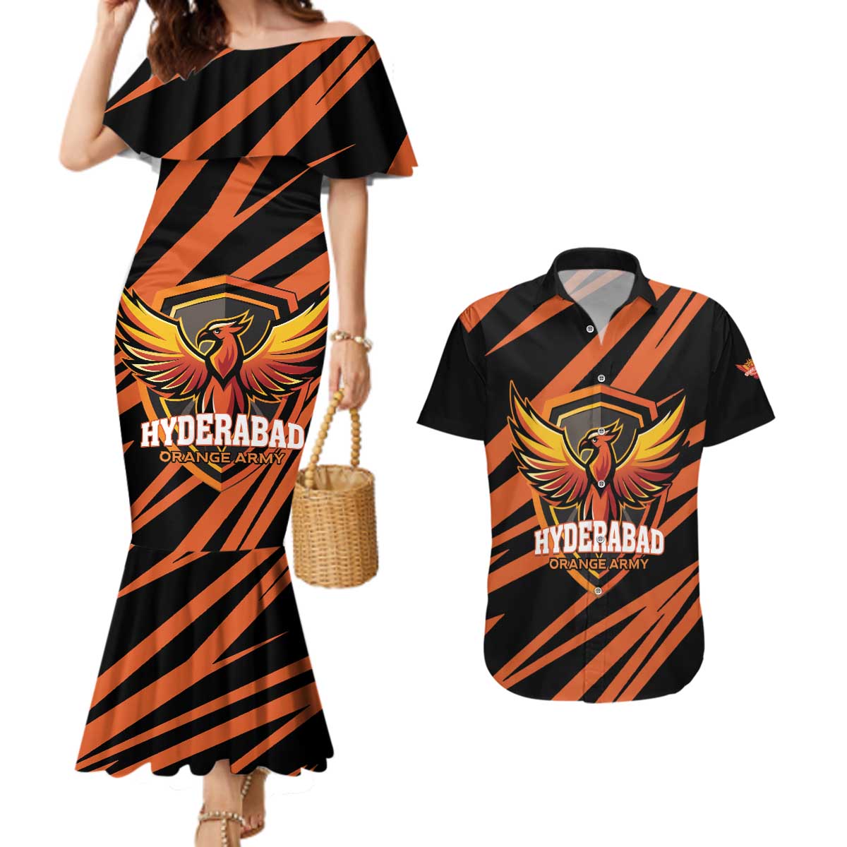 Custom Hyderabad 2025 Cricket Sunrisers Couples Matching Mermaid Dress and Hawaiian Shirt Orange Army Play With Fire