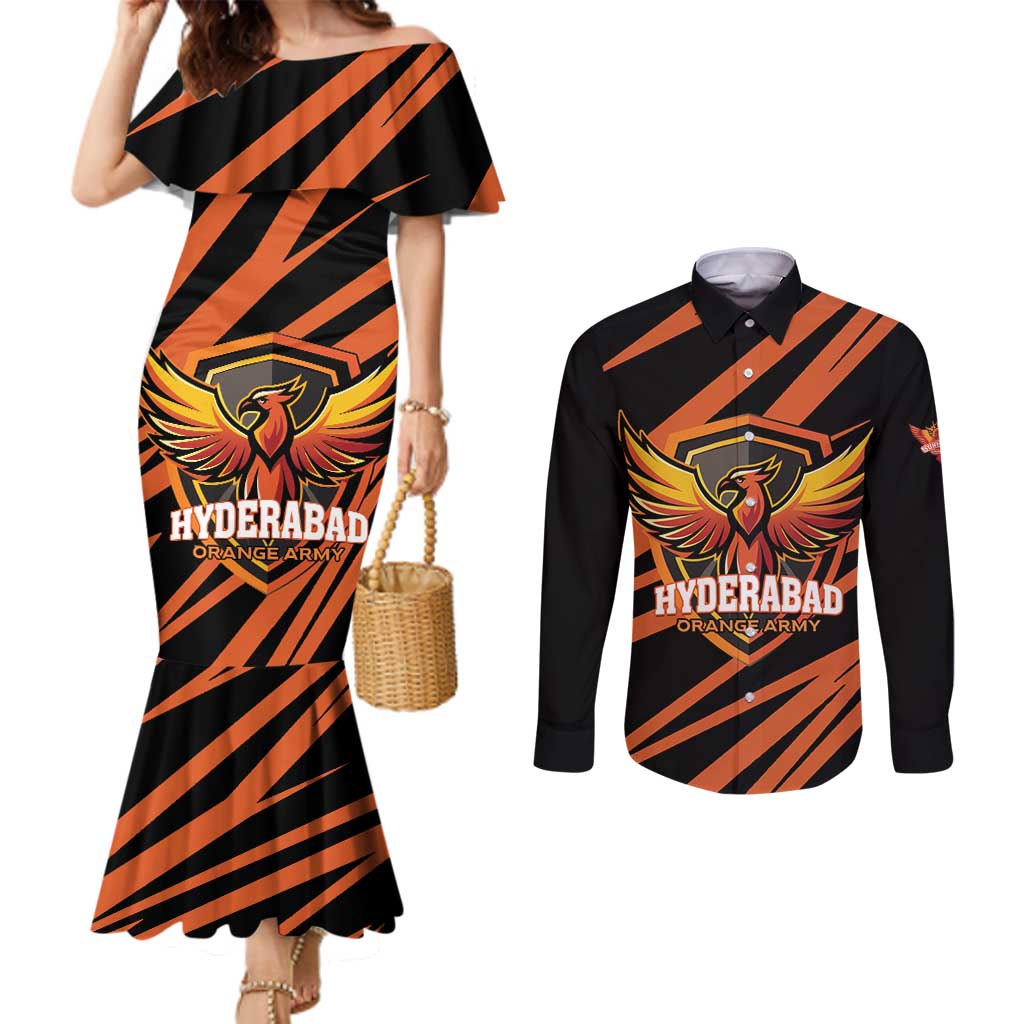 Custom Hyderabad 2025 Cricket Sunrisers Couples Matching Mermaid Dress and Long Sleeve Button Shirt Orange Army Play With Fire