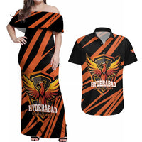 Custom Hyderabad 2025 Cricket Sunrisers Couples Matching Off Shoulder Maxi Dress and Hawaiian Shirt Orange Army Play With Fire