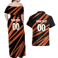 Custom Hyderabad 2025 Cricket Sunrisers Couples Matching Off Shoulder Maxi Dress and Hawaiian Shirt Orange Army Play With Fire