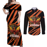 Custom Hyderabad 2025 Cricket Sunrisers Couples Matching Off Shoulder Maxi Dress and Long Sleeve Button Shirt Orange Army Play With Fire