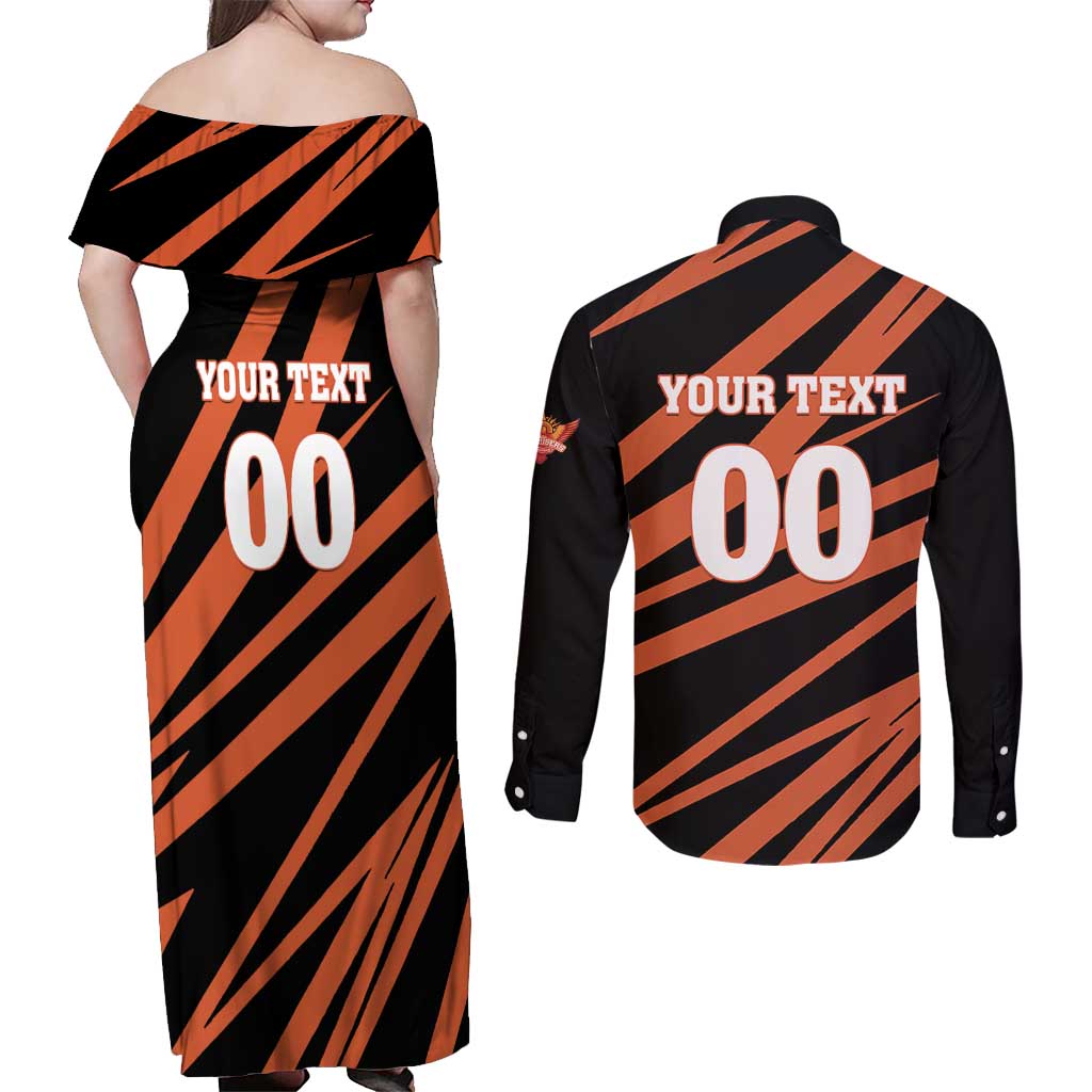 Custom Hyderabad 2025 Cricket Sunrisers Couples Matching Off Shoulder Maxi Dress and Long Sleeve Button Shirt Orange Army Play With Fire