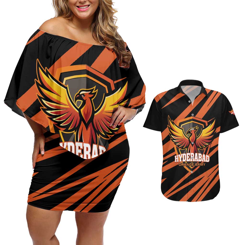 Custom Hyderabad 2025 Cricket Sunrisers Couples Matching Off Shoulder Short Dress and Hawaiian Shirt Orange Army Play With Fire