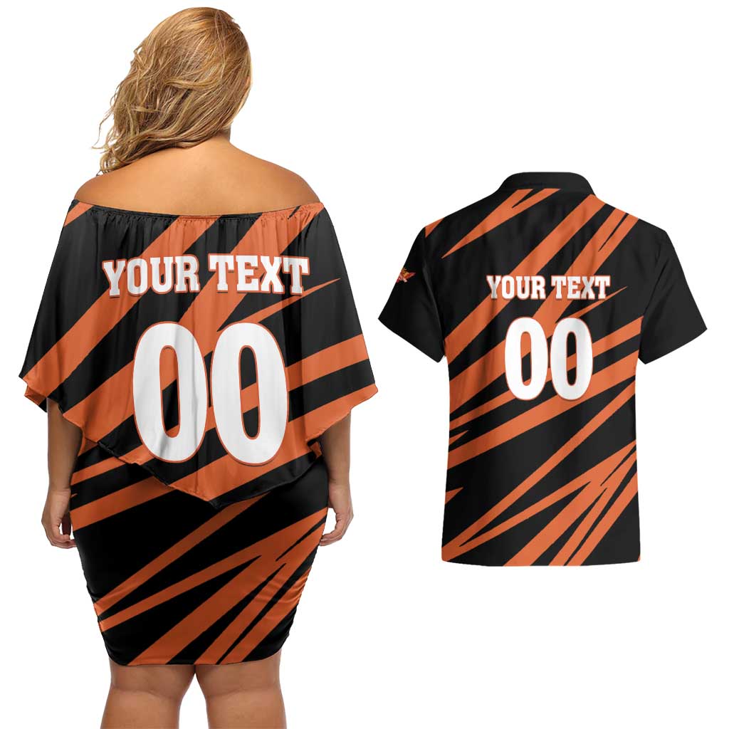 Custom Hyderabad 2025 Cricket Sunrisers Couples Matching Off Shoulder Short Dress and Hawaiian Shirt Orange Army Play With Fire