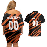 Custom Hyderabad 2025 Cricket Sunrisers Couples Matching Off Shoulder Short Dress and Hawaiian Shirt Orange Army Play With Fire