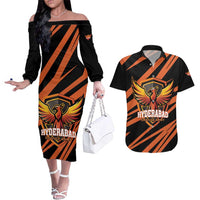 Custom Hyderabad 2025 Cricket Sunrisers Couples Matching Off The Shoulder Long Sleeve Dress and Hawaiian Shirt Orange Army Play With Fire