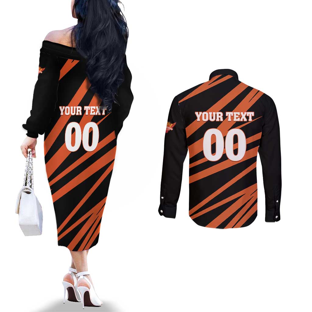 Custom Hyderabad 2025 Cricket Sunrisers Couples Matching Off The Shoulder Long Sleeve Dress and Long Sleeve Button Shirt Orange Army Play With Fire