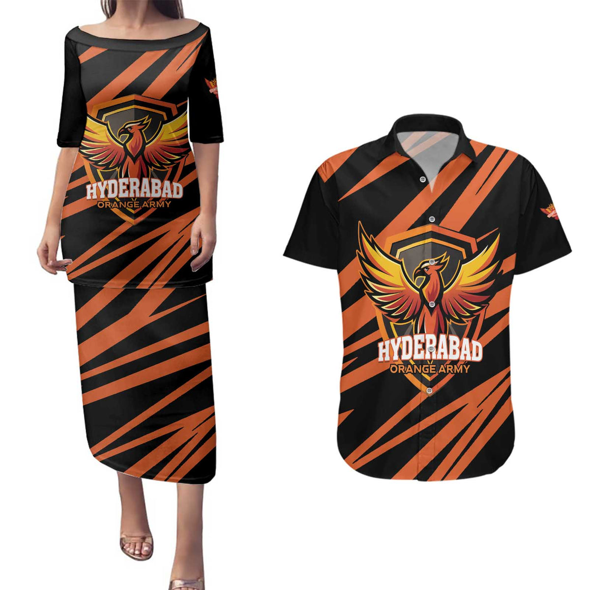 Custom Hyderabad 2025 Cricket Sunrisers Couples Matching Puletasi and Hawaiian Shirt Orange Army Play With Fire