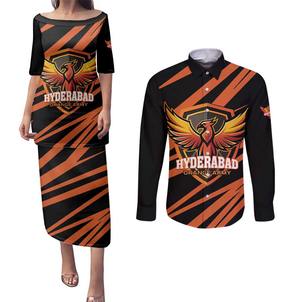 Custom Hyderabad 2025 Cricket Sunrisers Couples Matching Puletasi and Long Sleeve Button Shirt Orange Army Play With Fire