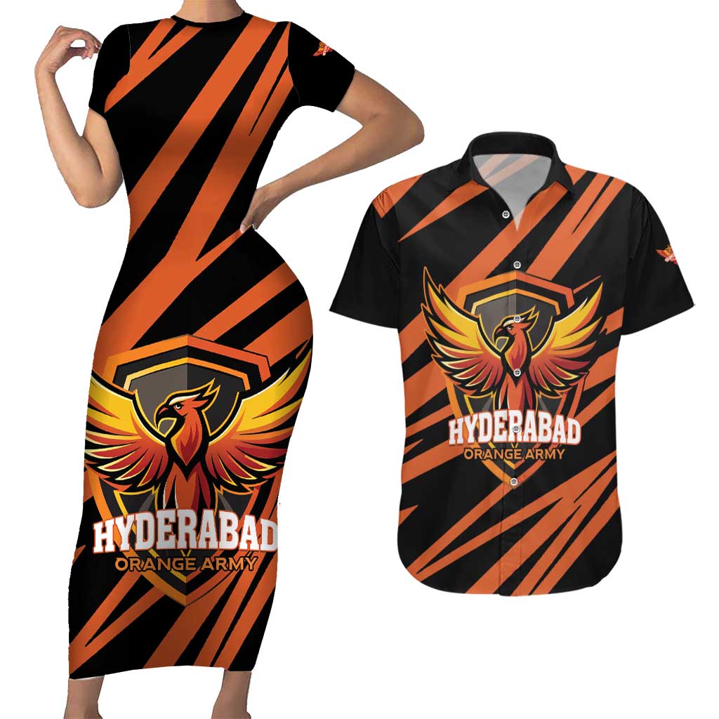 Custom Hyderabad 2025 Cricket Sunrisers Couples Matching Short Sleeve Bodycon Dress and Hawaiian Shirt Orange Army Play With Fire