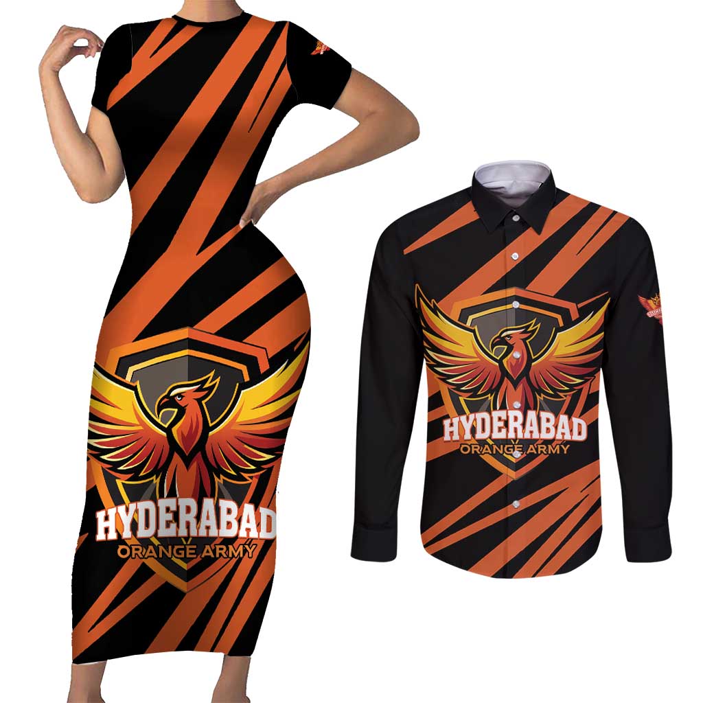Custom Hyderabad 2025 Cricket Sunrisers Couples Matching Short Sleeve Bodycon Dress and Long Sleeve Button Shirt Orange Army Play With Fire