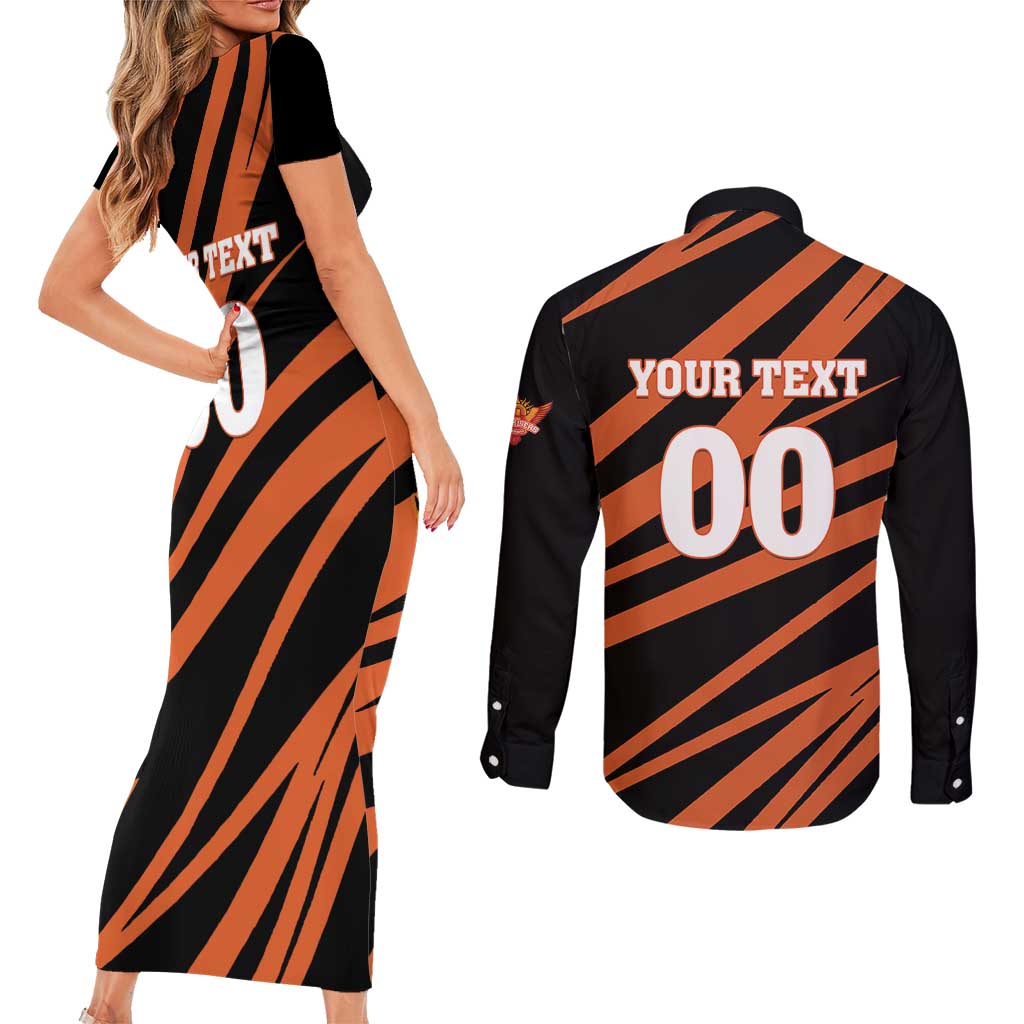 Custom Hyderabad 2025 Cricket Sunrisers Couples Matching Short Sleeve Bodycon Dress and Long Sleeve Button Shirt Orange Army Play With Fire
