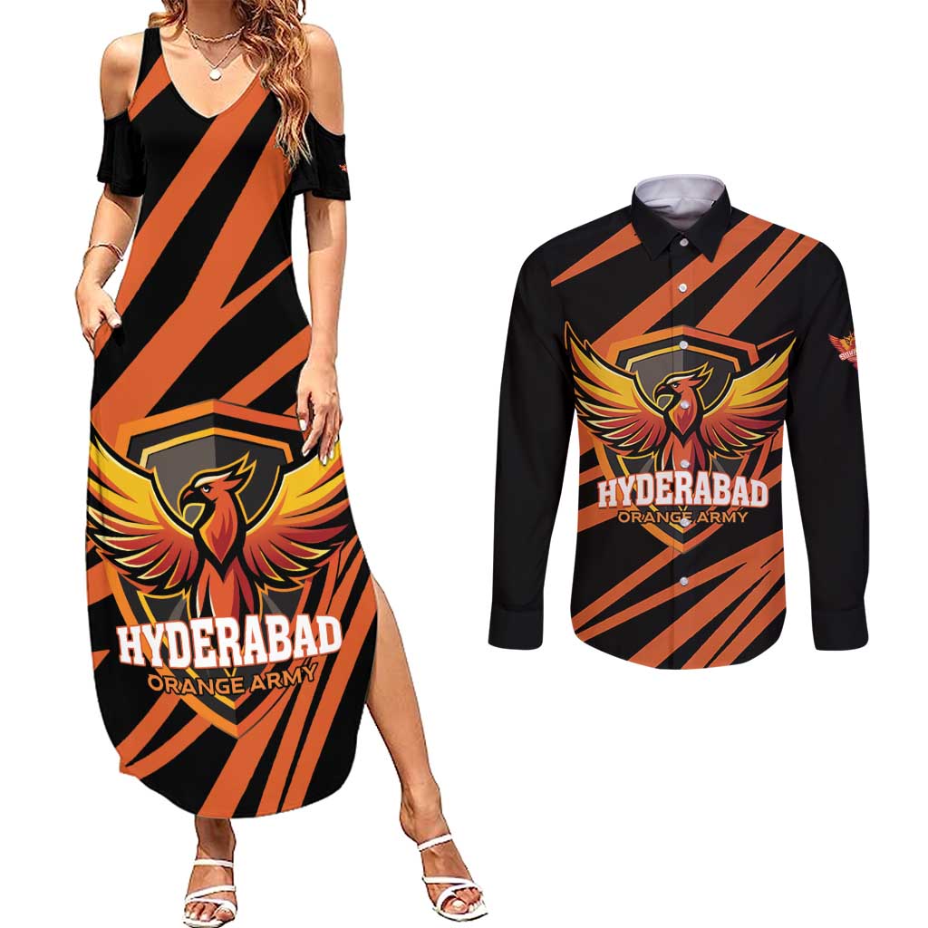 Custom Hyderabad 2025 Cricket Sunrisers Couples Matching Summer Maxi Dress and Long Sleeve Button Shirt Orange Army Play With Fire
