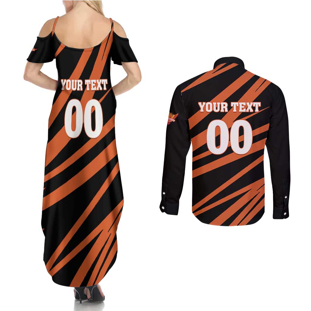 Custom Hyderabad 2025 Cricket Sunrisers Couples Matching Summer Maxi Dress and Long Sleeve Button Shirt Orange Army Play With Fire