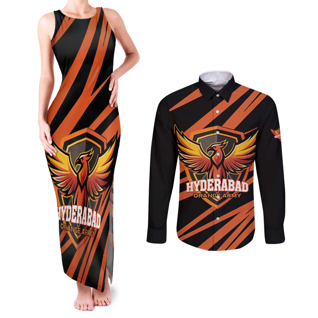 Custom Hyderabad 2025 Cricket Sunrisers Couples Matching Tank Maxi Dress and Long Sleeve Button Shirt Orange Army Play With Fire