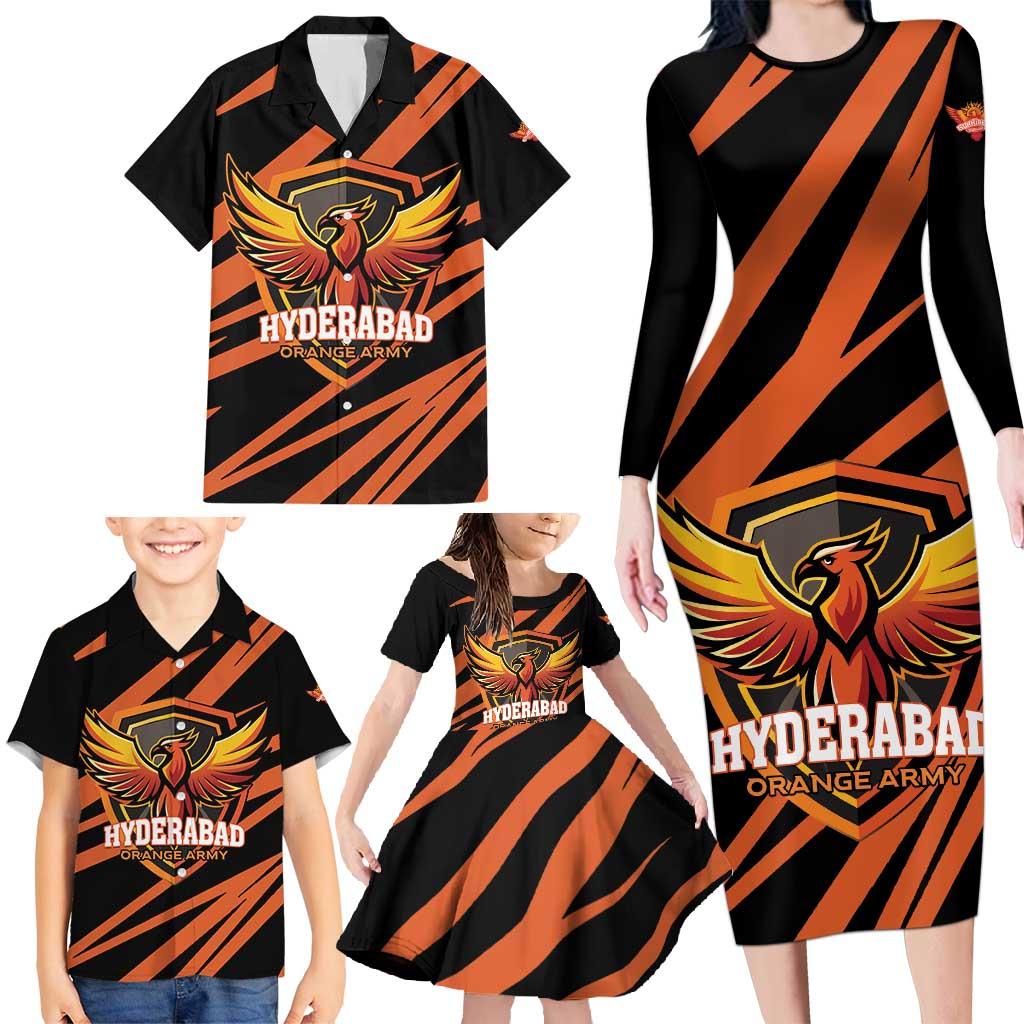 Custom Hyderabad 2025 Cricket Sunrisers Family Matching Long Sleeve Bodycon Dress and Hawaiian Shirt Orange Army Play With Fire
