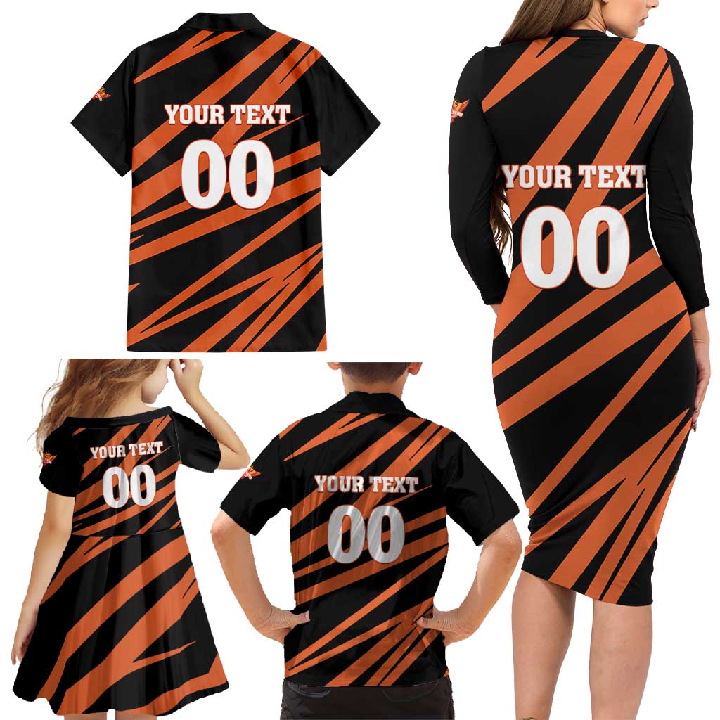 Custom Hyderabad 2025 Cricket Sunrisers Family Matching Long Sleeve Bodycon Dress and Hawaiian Shirt Orange Army Play With Fire
