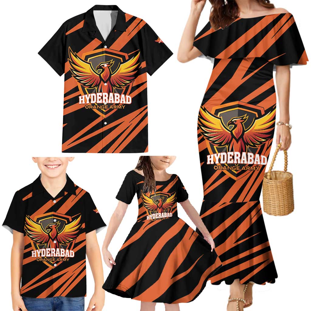 Custom Hyderabad 2025 Cricket Sunrisers Family Matching Mermaid Dress and Hawaiian Shirt Orange Army Play With Fire