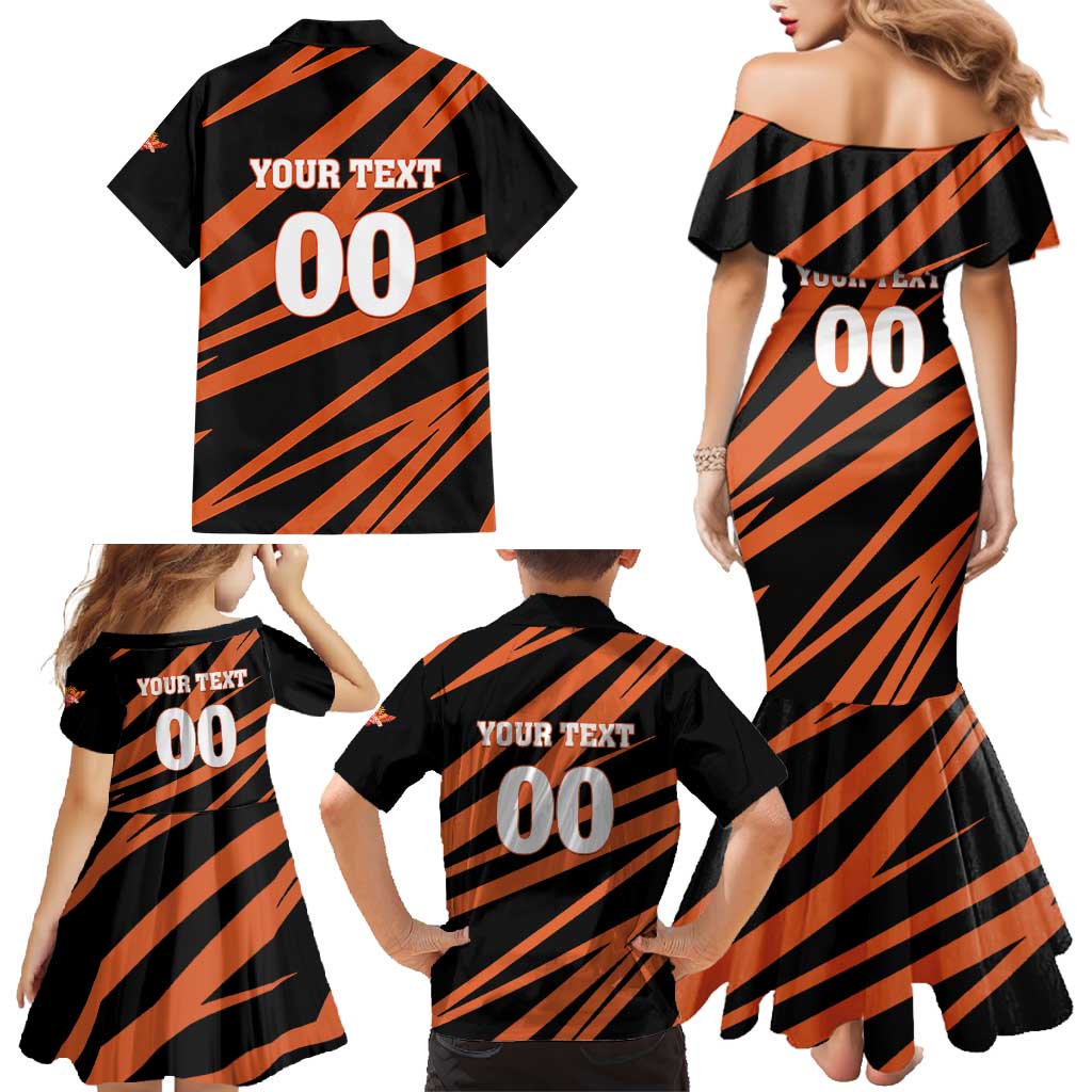 Custom Hyderabad 2025 Cricket Sunrisers Family Matching Mermaid Dress and Hawaiian Shirt Orange Army Play With Fire