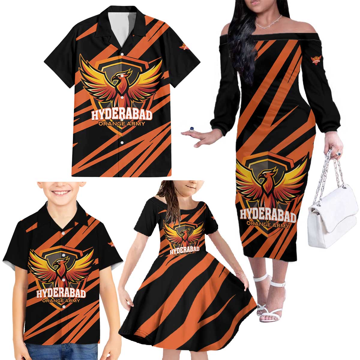 Custom Hyderabad 2025 Cricket Sunrisers Family Matching Off The Shoulder Long Sleeve Dress and Hawaiian Shirt Orange Army Play With Fire