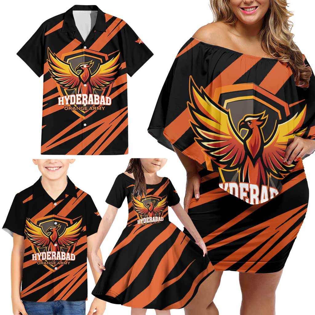 Custom Hyderabad 2025 Cricket Sunrisers Family Matching Off Shoulder Short Dress and Hawaiian Shirt Orange Army Play With Fire