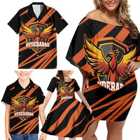 Custom Hyderabad 2025 Cricket Sunrisers Family Matching Off Shoulder Short Dress and Hawaiian Shirt Orange Army Play With Fire