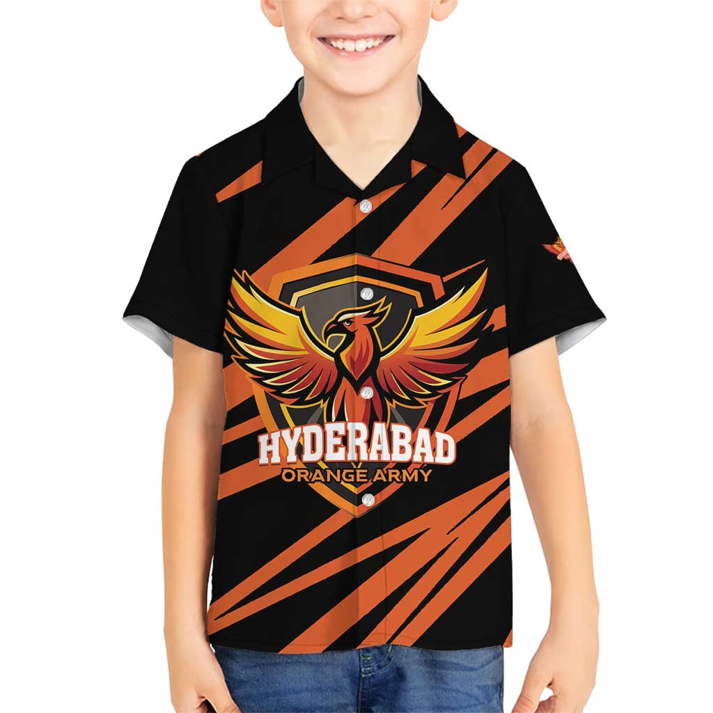 Custom Hyderabad 2025 Cricket Sunrisers Family Matching Off Shoulder Short Dress and Hawaiian Shirt Orange Army Play With Fire