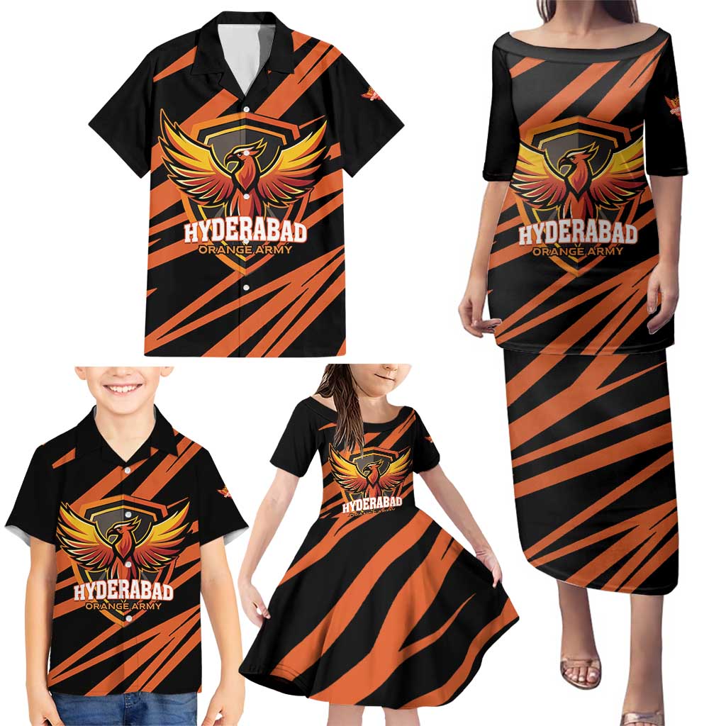 Custom Hyderabad 2025 Cricket Sunrisers Family Matching Puletasi and Hawaiian Shirt Orange Army Play With Fire