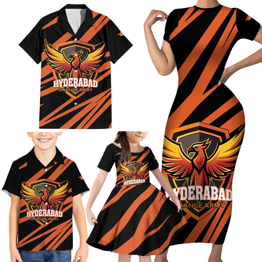 Custom Hyderabad 2025 Cricket Sunrisers Family Matching Short Sleeve Bodycon Dress and Hawaiian Shirt Orange Army Play With Fire