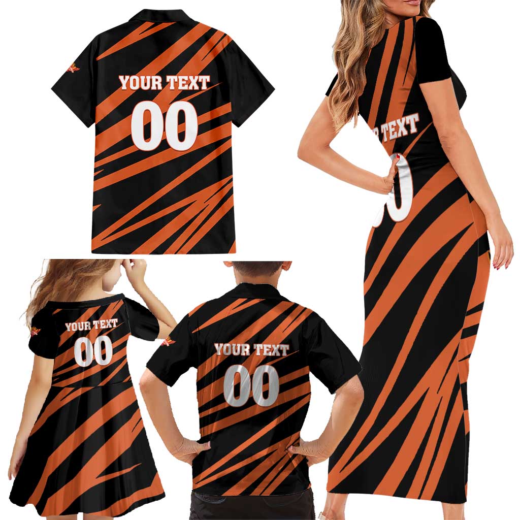 Custom Hyderabad 2025 Cricket Sunrisers Family Matching Short Sleeve Bodycon Dress and Hawaiian Shirt Orange Army Play With Fire