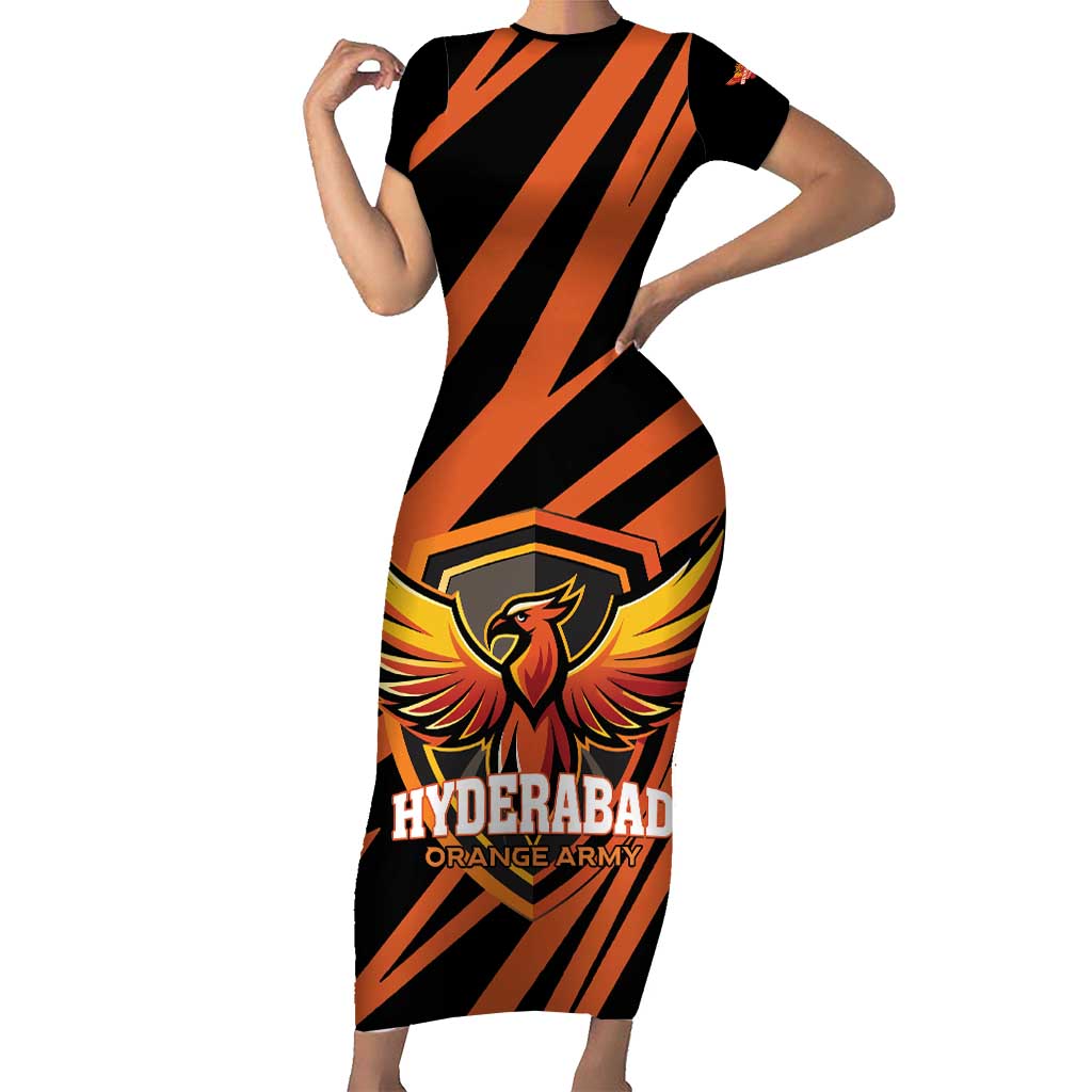 Custom Hyderabad 2025 Cricket Sunrisers Family Matching Short Sleeve Bodycon Dress and Hawaiian Shirt Orange Army Play With Fire