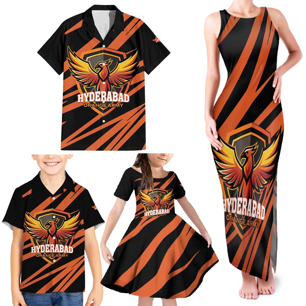 Custom Hyderabad 2025 Cricket Sunrisers Family Matching Tank Maxi Dress and Hawaiian Shirt Orange Army Play With Fire
