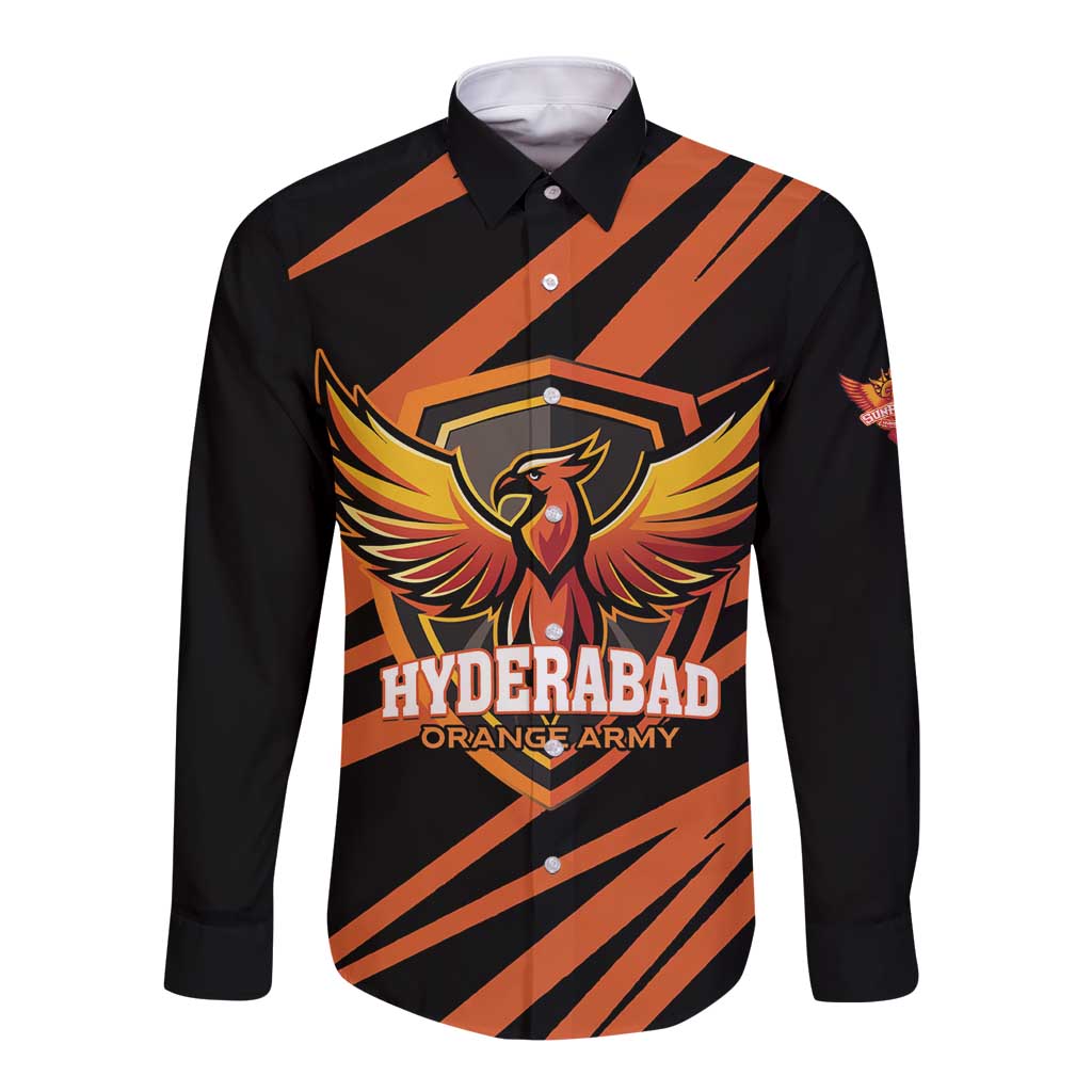 Custom Hyderabad 2025 Cricket Sunrisers Long Sleeve Button Shirt Orange Army Play With Fire