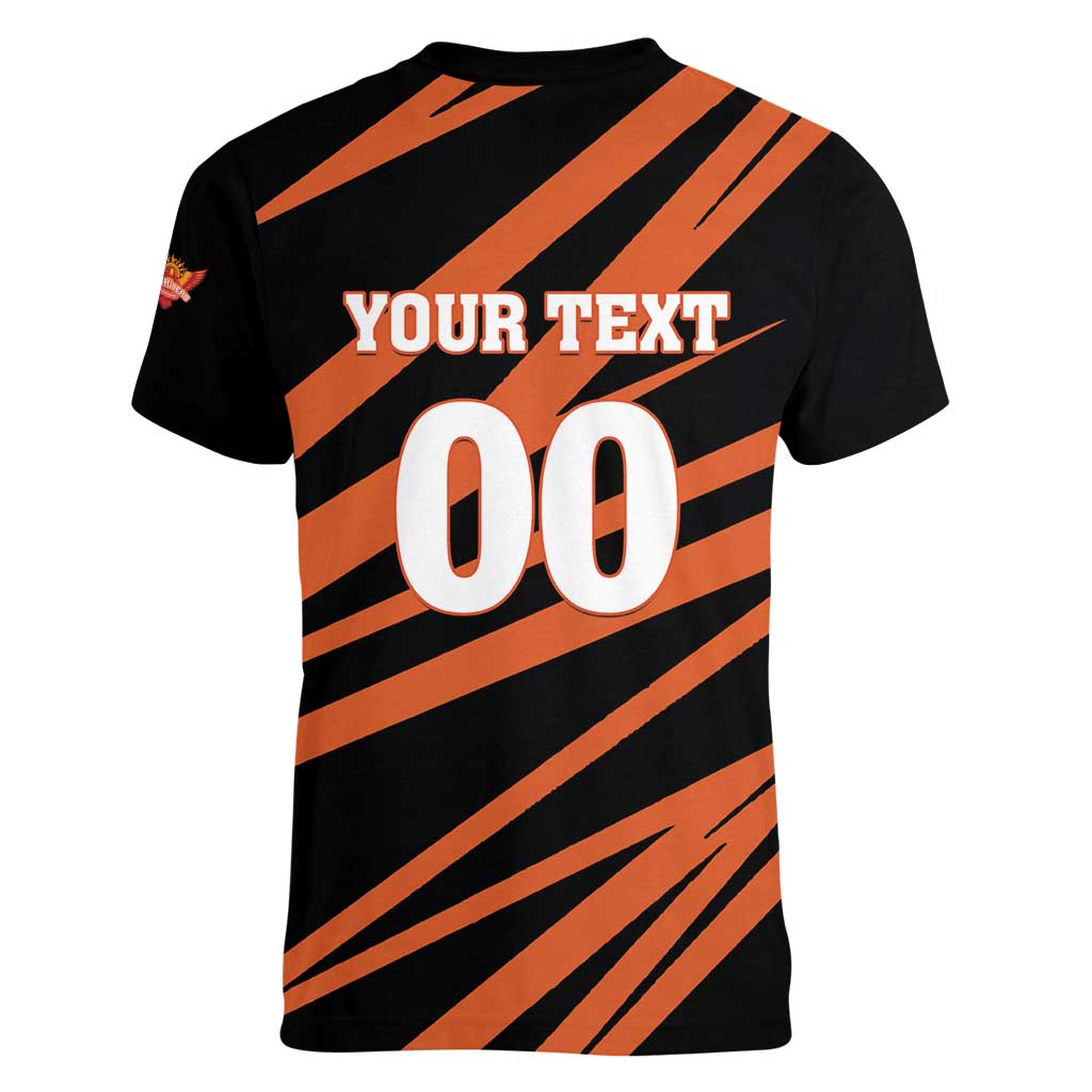 Custom Hyderabad 2025 Cricket Sunrisers Women V-Neck T-Shirt Orange Army Play With Fire