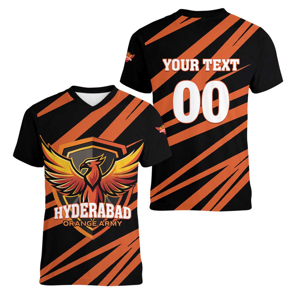 Custom Hyderabad 2025 Cricket Sunrisers Women V-Neck T-Shirt Orange Army Play With Fire