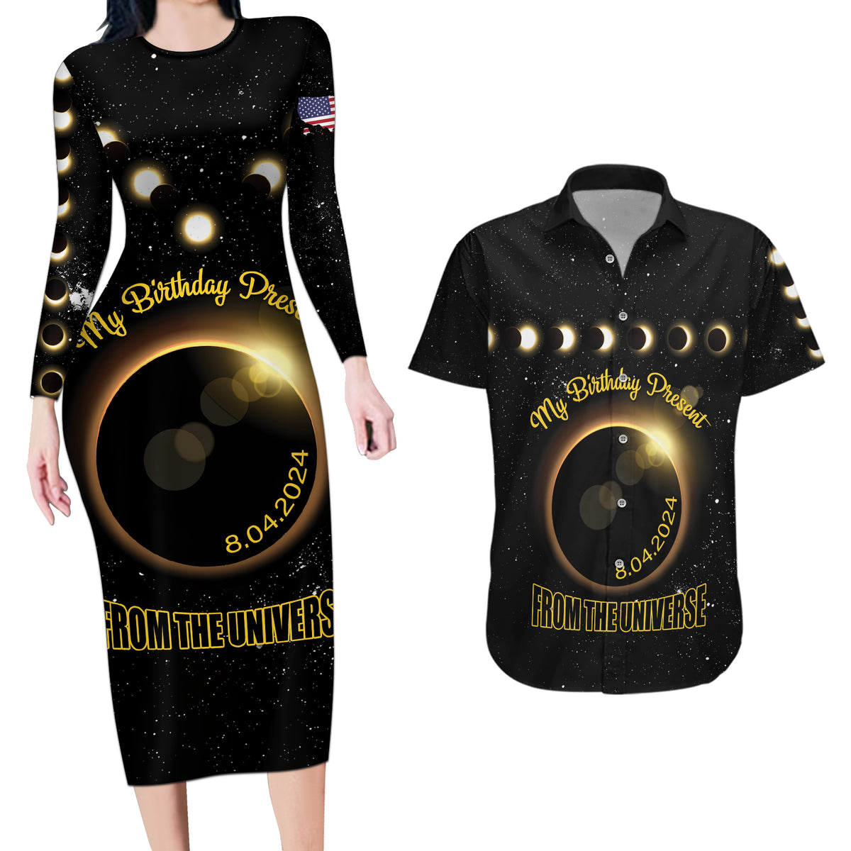 Personalized Total Solar Eclipse 2024 Couples Matching Long Sleeve Bodycon Dress and Hawaiian Shirt My Birthday Present From The Universe - Wonder Print Shop