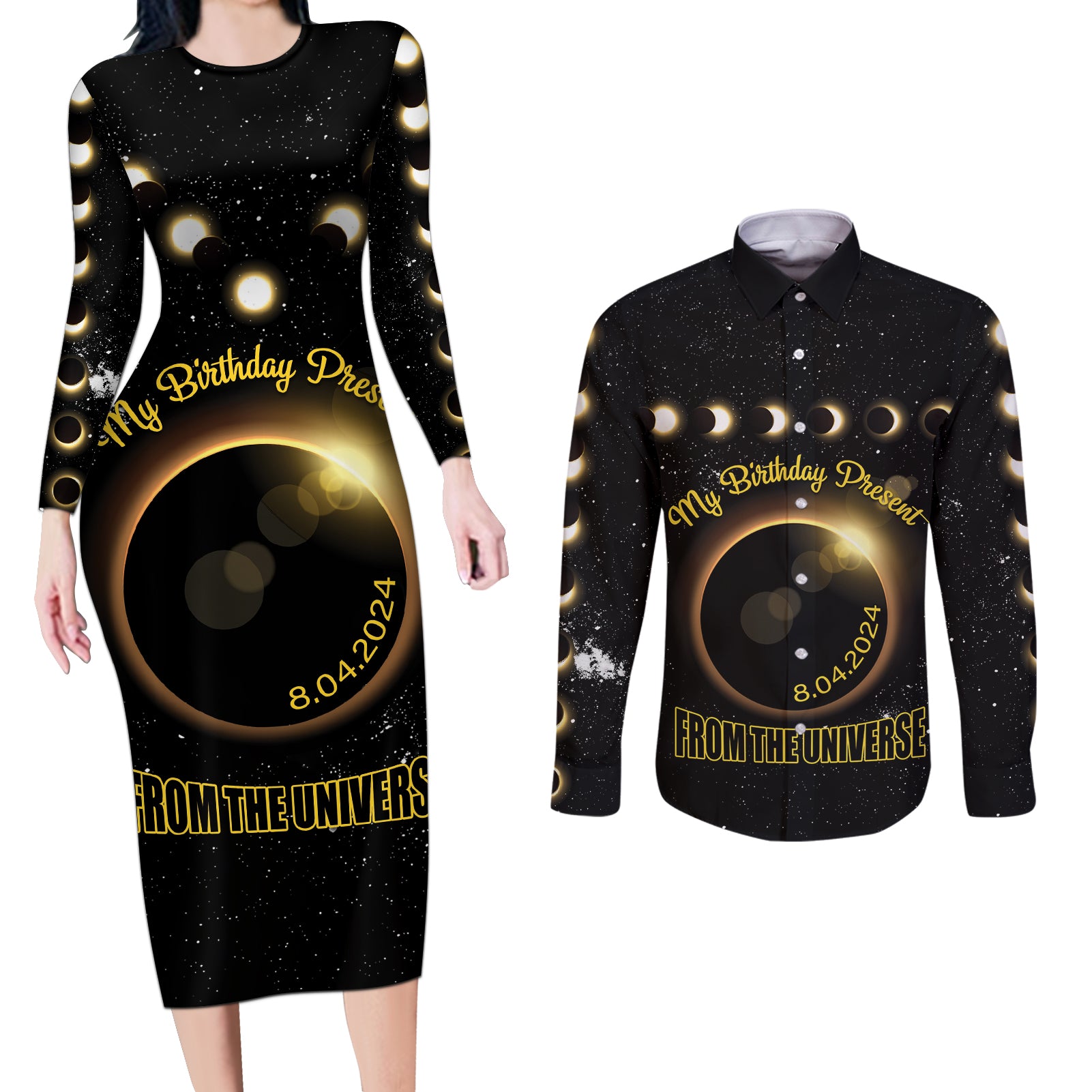 Personalized Total Solar Eclipse 2024 Couples Matching Long Sleeve Bodycon Dress and Long Sleeve Button Shirt My Birthday Present From The Universe - Wonder Print Shop