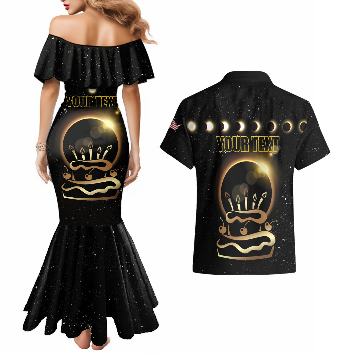 Personalized Total Solar Eclipse 2024 Couples Matching Mermaid Dress and Hawaiian Shirt My Birthday Present From The Universe - Wonder Print Shop