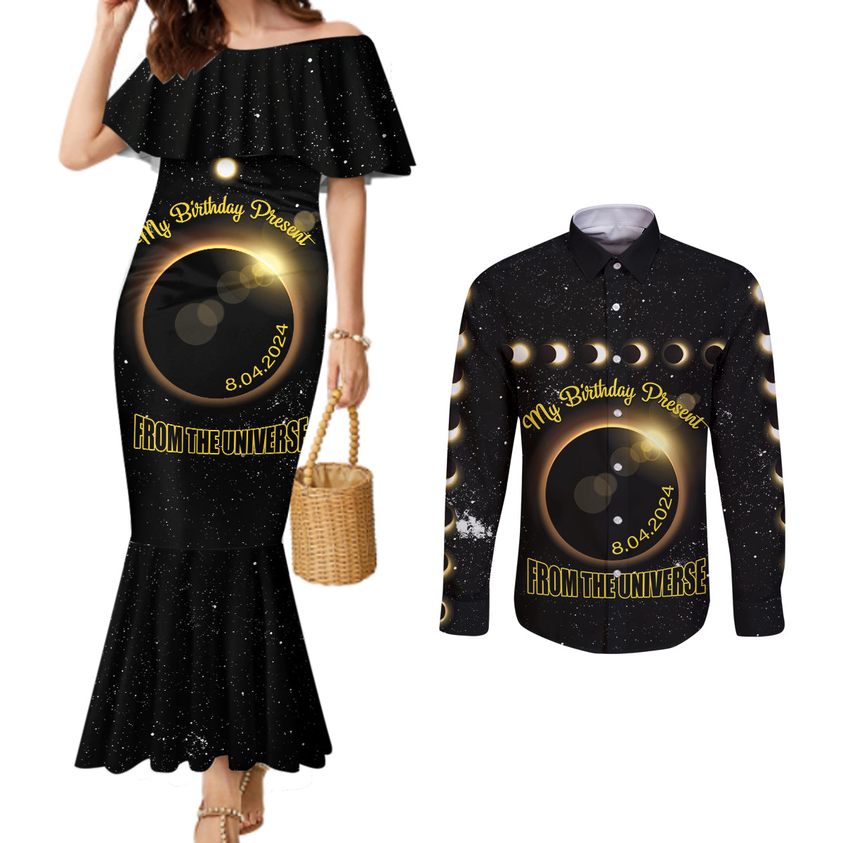 Personalized Total Solar Eclipse 2024 Couples Matching Mermaid Dress and Long Sleeve Button Shirt My Birthday Present From The Universe